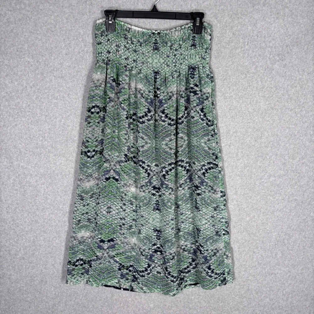Cabi Reversible Midi Skirt Small Green Navy Snakeskin Abstract Smocked Waist 764